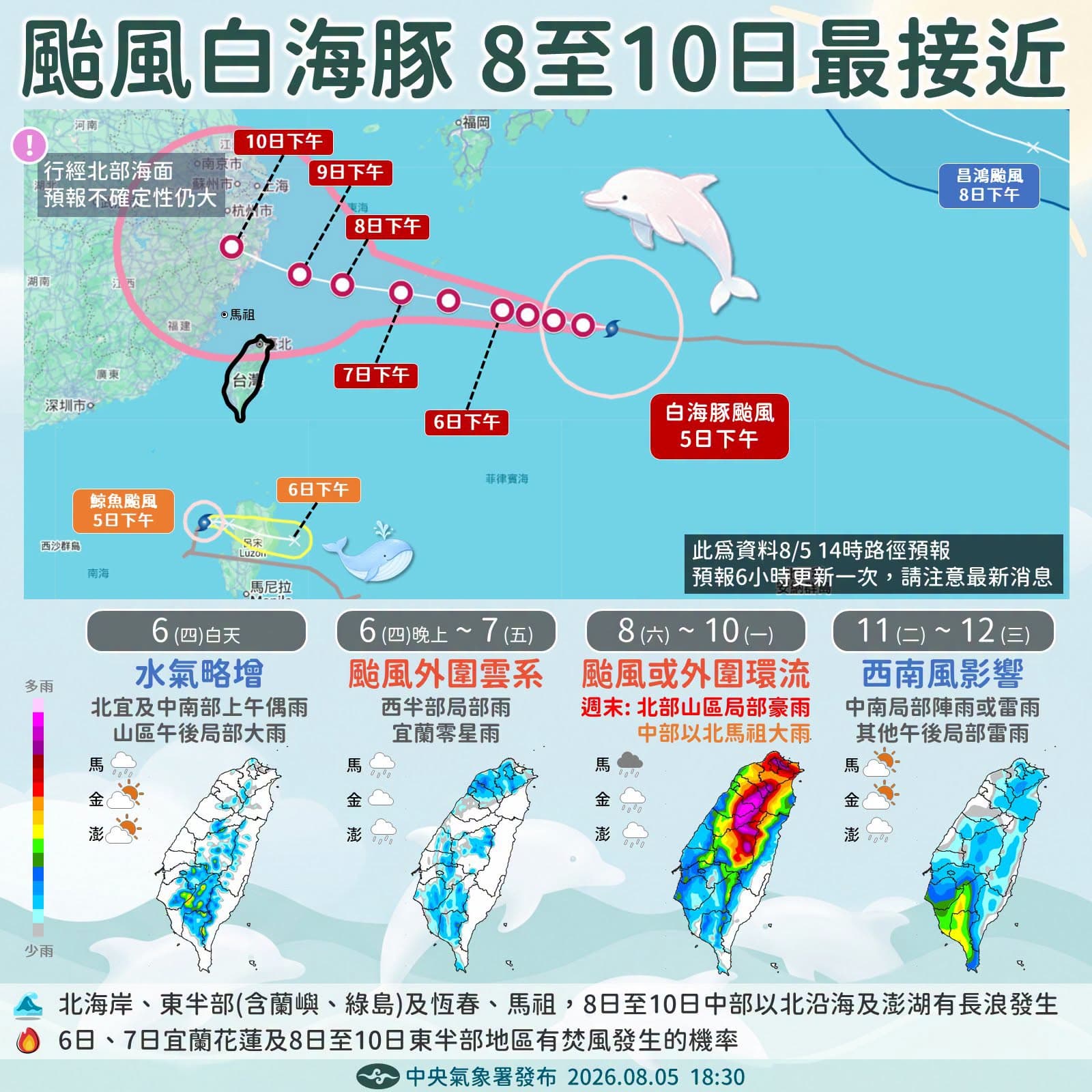 中央氣象署說明，中颱「白海豚」週六至下週一最接近台灣。（翻攝自臉書@報天氣─中央氣象署）