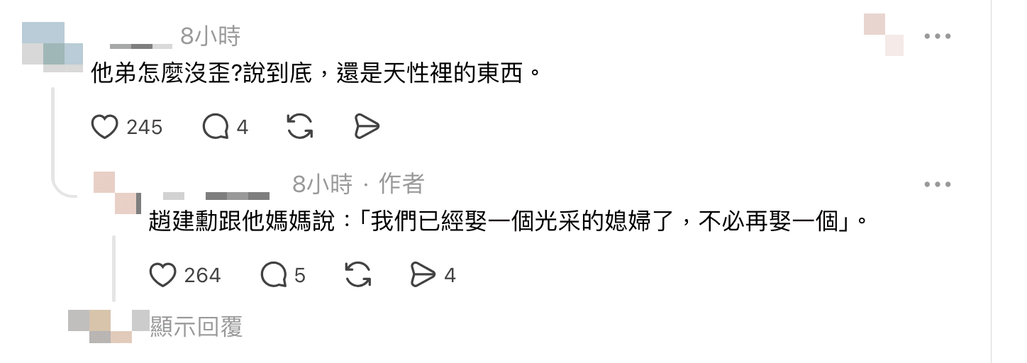 原PO回應其他網友時透露，趙建勳曾對母親說：「我們已經娶一個光采的媳婦了，不必再娶一個。」（翻攝Threads）