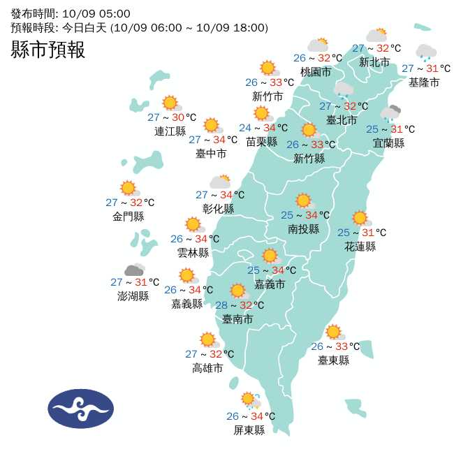 今日各地白天天氣一覽。（翻攝自中央氣象署官網）