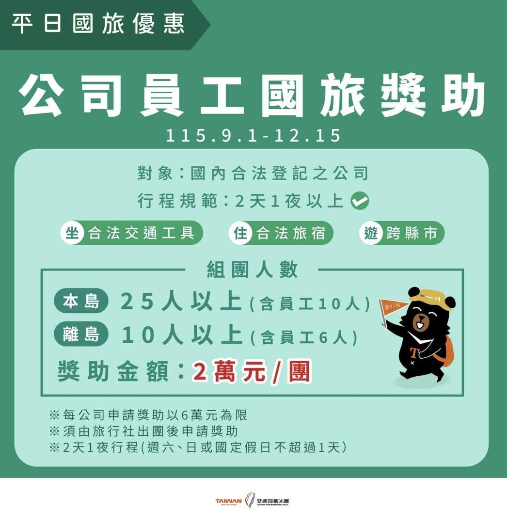 交通部觀光署說明「公司員工國旅補助」。（觀光署提供）