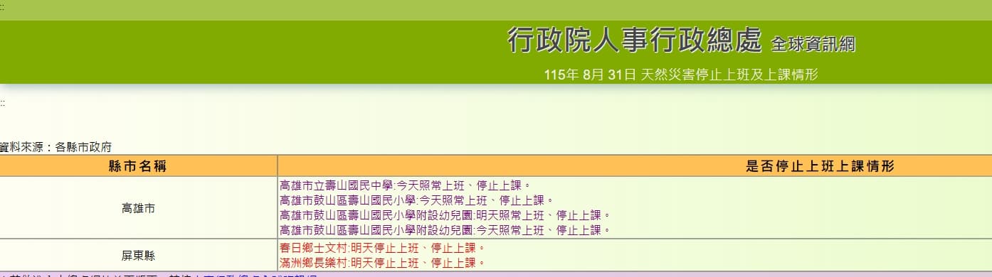 屏東2地因豪雨宣布明日停班停課。（翻攝自行政院人事行政總處官網）