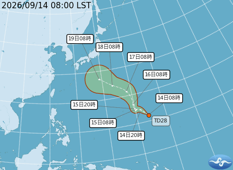 關島東方海面今日8時有熱帶低氣壓生成，最快明日白天增強為颱風「杜鵑」。（翻攝自中央氣象署官網）