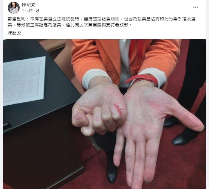 陳昭姿坦言爭議選票是她蓋的，並秀出手上的汙泥痕跡。（翻攝自陳昭姿臉書）