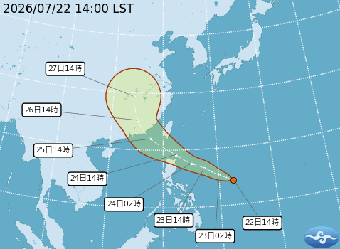 熱帶性低氣壓TD13今日14時的中心位置在北緯14.2度、東經132.6度，以每小時26公里速度。（翻攝自中央氣象署官網）