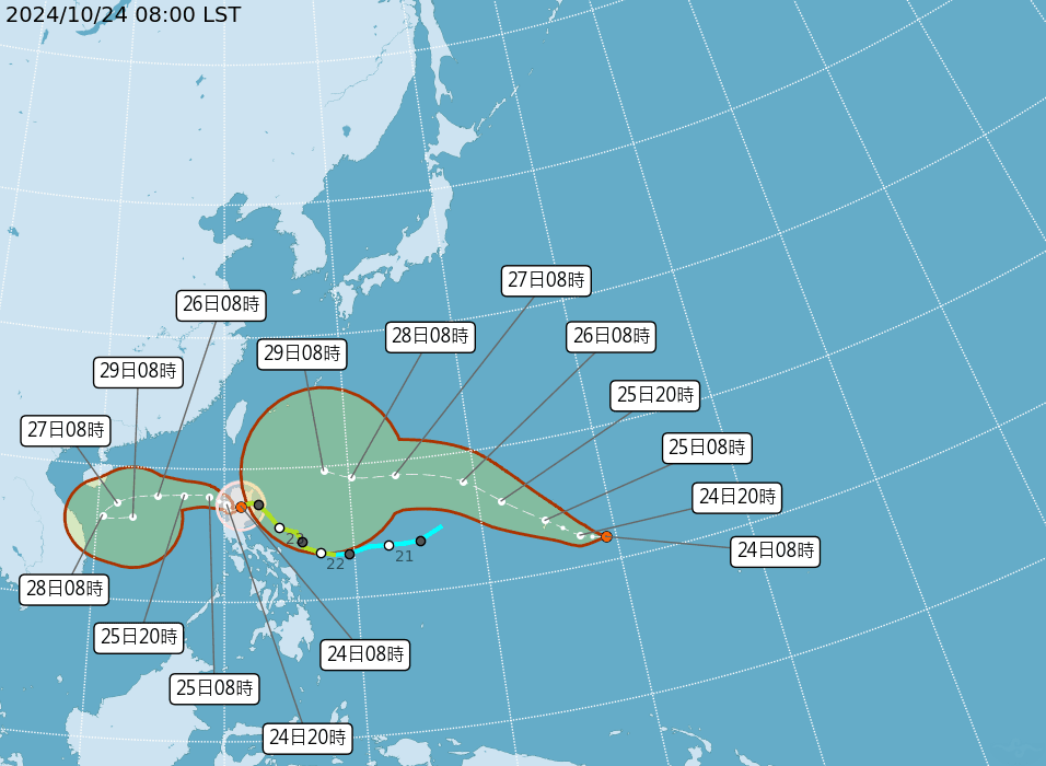 目前太平洋海面上除了輕颱潭美外，還有「熱帶性低氣壓TD25」。（中央氣象署提供）