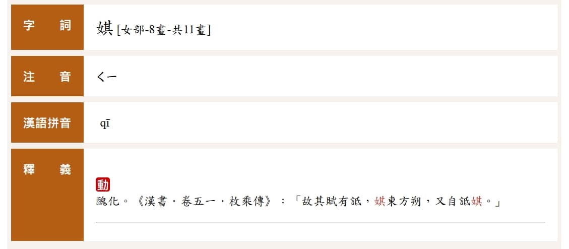 「娸」字釋義帶有負面意味。（翻攝自教育部重編國語辭典修訂本）