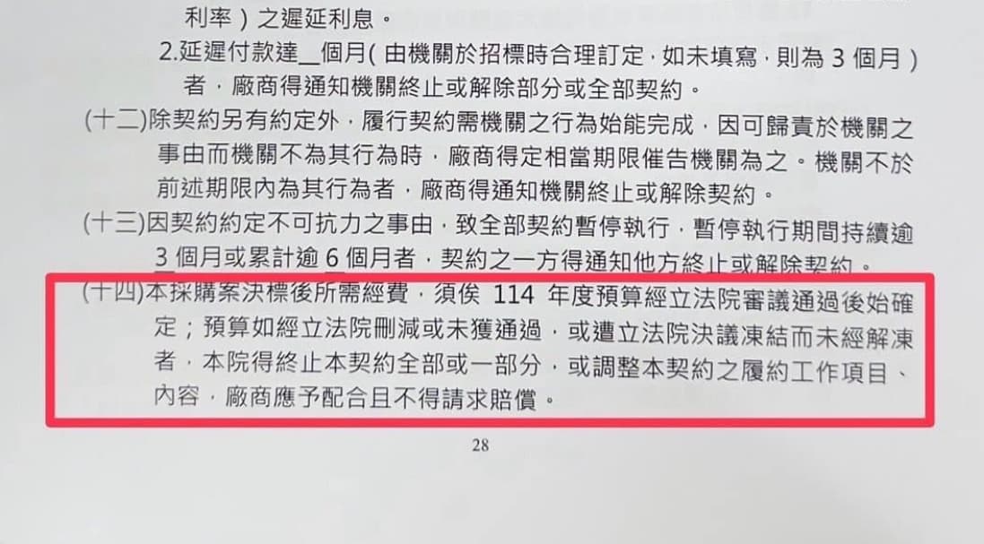 林俊憲秀出契約內容反問藍白：「現在就完全沒預算又不能流用，如何履約？」（翻攝自林俊憲臉書）