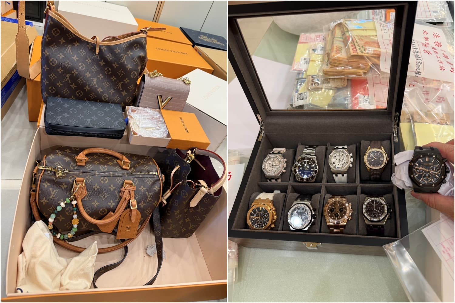 現場查扣愛馬仕、LV、香奈兒名牌包數十個，以及愛彼、百達翡麗等名錶，價值達上千萬元。（調查局提供）