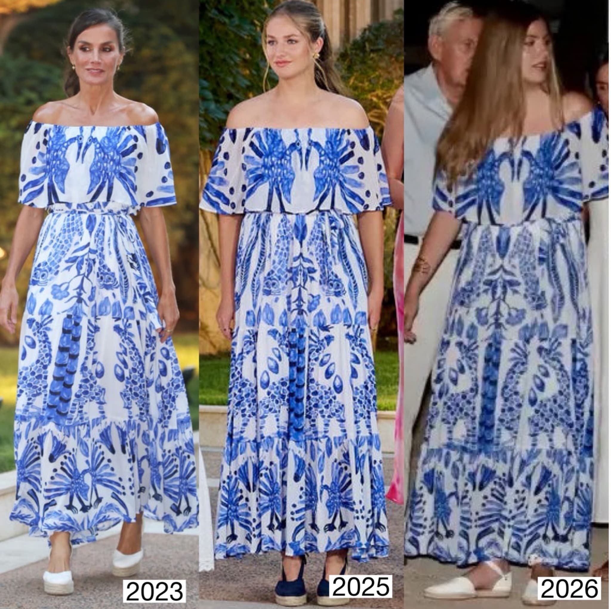 萊蒂西亞王后（左起）2023年首度穿上藍白印花洋裝，2025年由大女兒萊昂諾公主接棒，今年則輪到小女兒索菲亞公主穿，母女3人先後穿著同一件洋裝亮相。（翻攝royalfashionpolice IG）