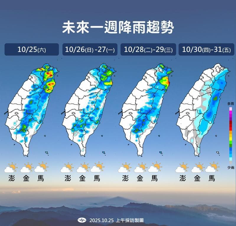 未來一週東北季風反覆影響，北部、東半部多雨，中南部午後仍有短暫陣雨機會。（中央氣象署提供）
