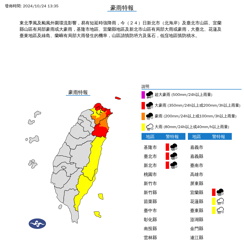 新北市北海岸及台北市山區、宜蘭縣山區有局部豪雨或大豪雨；基隆市地區、宜蘭縣地區及新北市山區有局部大雨或豪雨。（中央氣象署提供）
