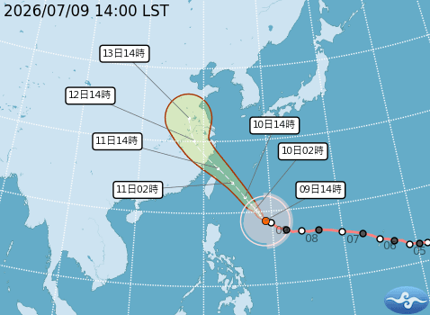 「巴威」14時的中心位置在北緯18.7度、東經129.0度，即在鵝鑾鼻的東南東方約920公里之處，以每小時20轉23公里速度。（翻攝自中央氣象署官網）