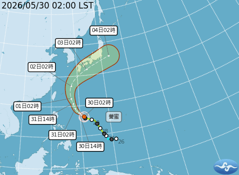薔蜜颱風預估朝琉球附近海面北上，直接影響台灣機率偏低。（中央氣象署提供）