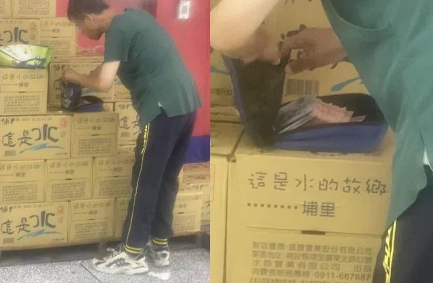 中年男子沿街乞討，沒想到被民眾踢爆包包打開有上萬元，可見都是百元、千元鈔票。（翻攝臉書竹東小鎮）