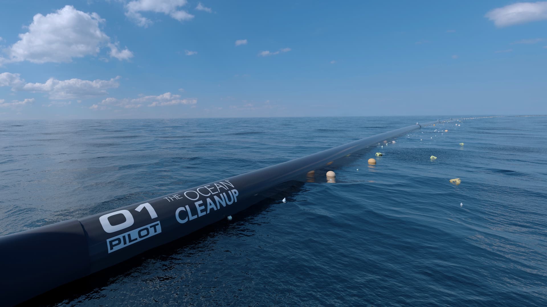 「清理海洋」以攔截索收集海洋垃圾的電腦模擬。（圖片來源：Ocean Cleanup網站）