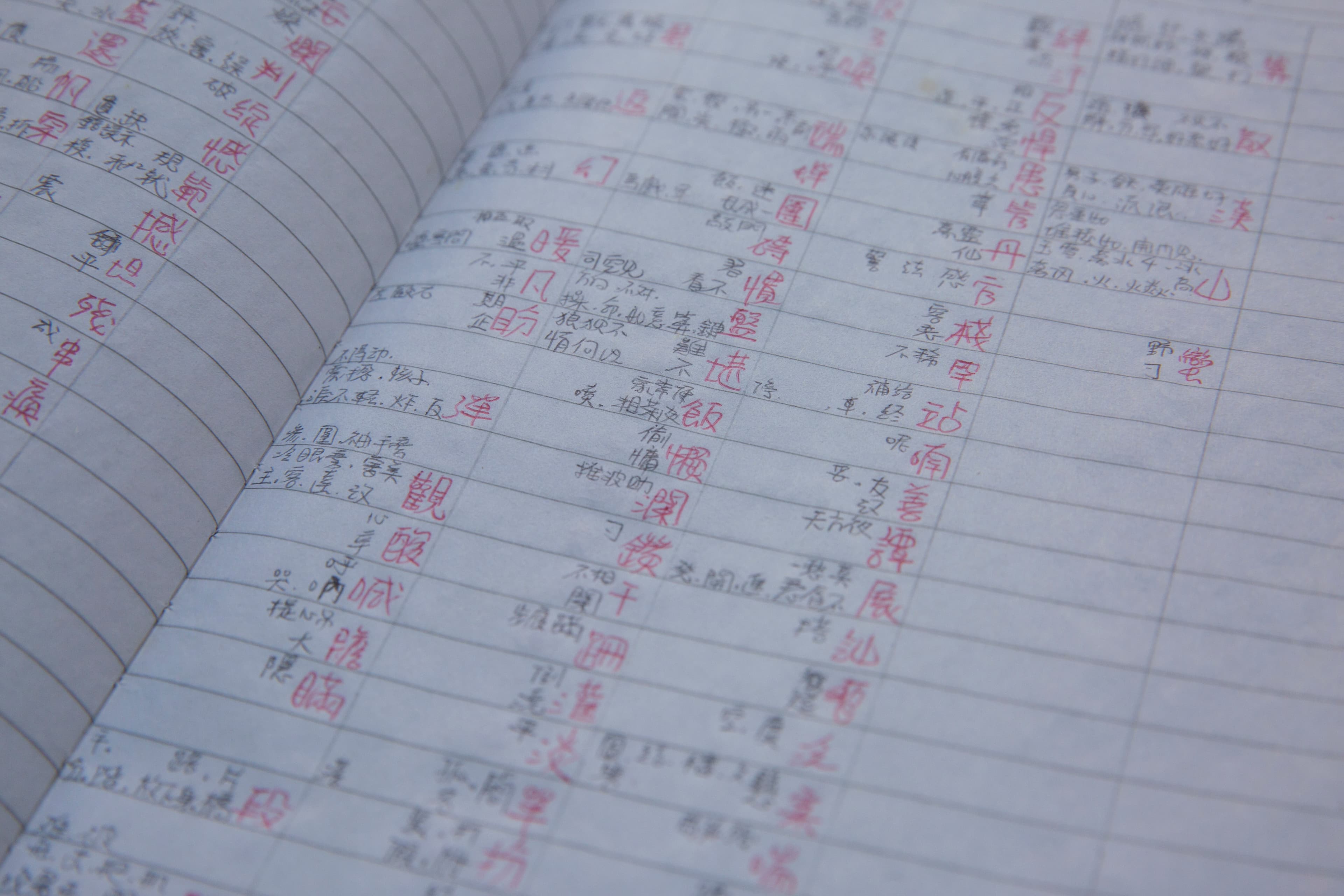 翻開她在獄中的筆記本，她自製表格以韻腳歸納詞彙，成為她創作歌詞的利器。