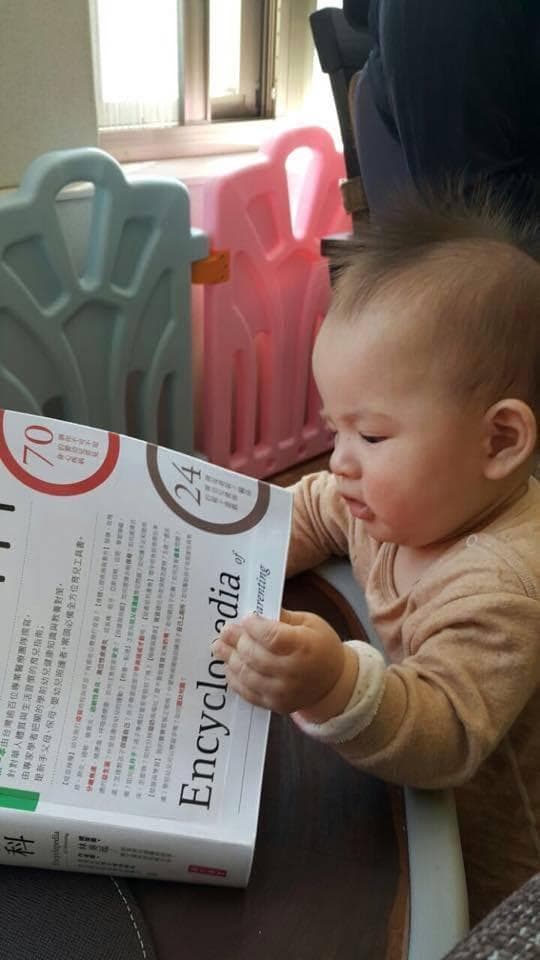 鄭麗君曾在臉書放上兒子約一歲時的萌照，還寫下沒時間看育兒百科的狀態。（翻攝自鄭麗君臉書）