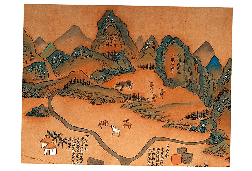 《康熙臺灣輿圖》繪有當時台灣人文地理，其中高屏地區寫有「傀儡番在此山後石洞內」的字樣，正是小說《傀儡花》的故事發生地。（翻攝自國立臺灣博物館官網）