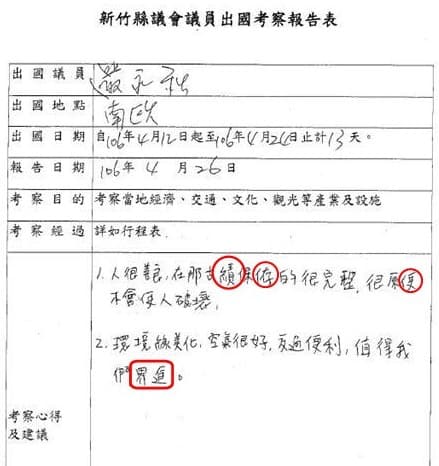 議員花公帑赴南歐考察13天，心得報告4行字不說，還錯字連篇。（翻攝自PTT）