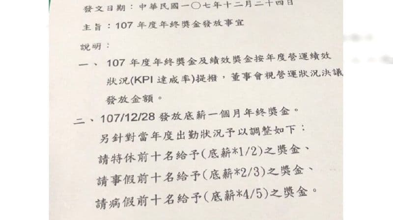 網友於PTT上PO出朋友公司年終獎金的發放方式。（翻攝自批踢踢）