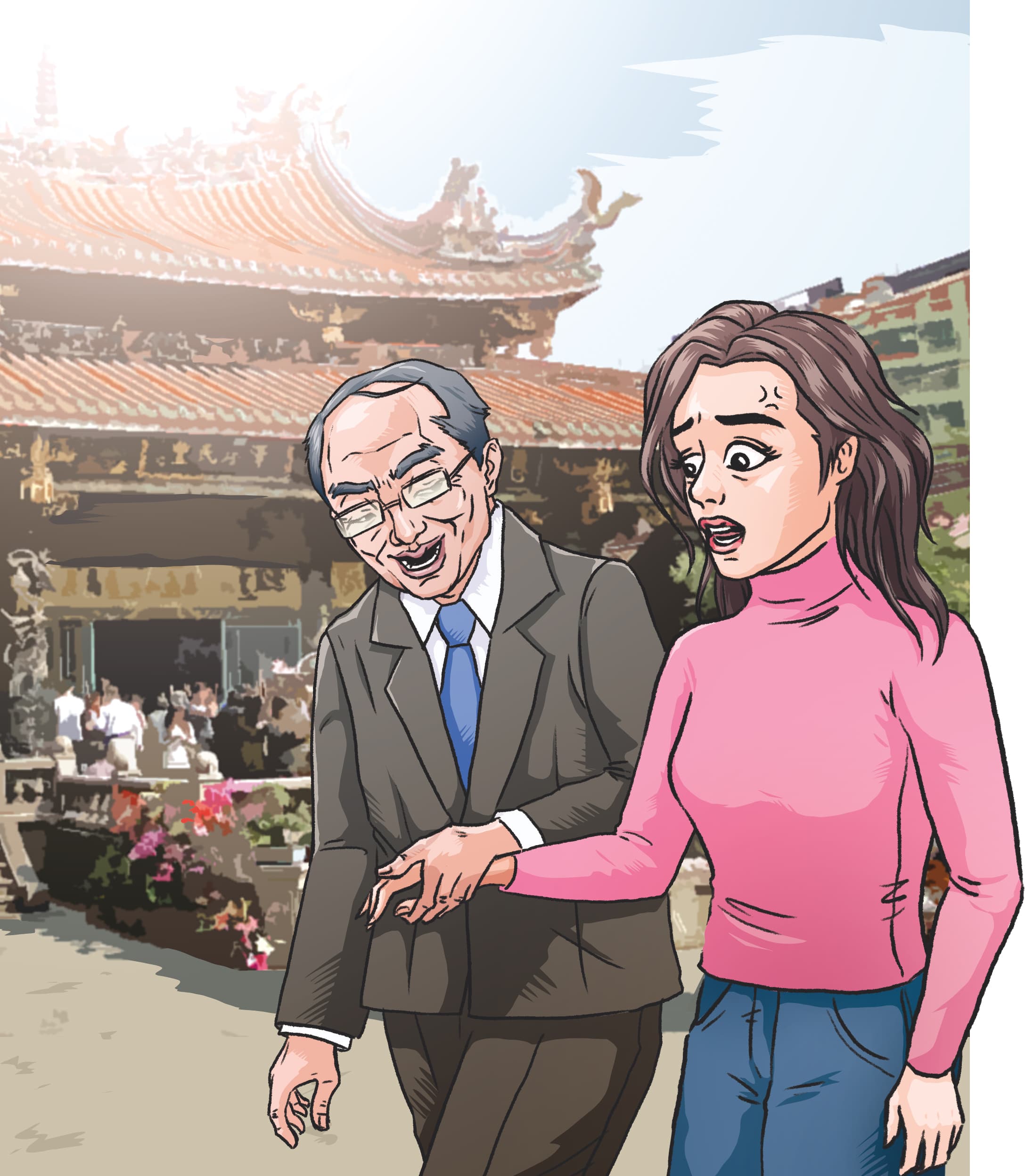 去年2月23日鄭世曜以正妹黨工犯太歲為由，開車載她到台北市龍山寺安太歲，當時就曾試圖牽女方的手，卻遭甩開。