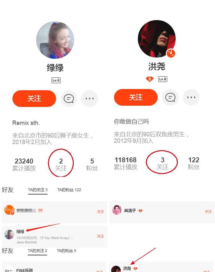 吳謹言（綠綠是吳謹言的另一個帳號）與洪堯在音樂平台上互相關注。（翻攝微博）