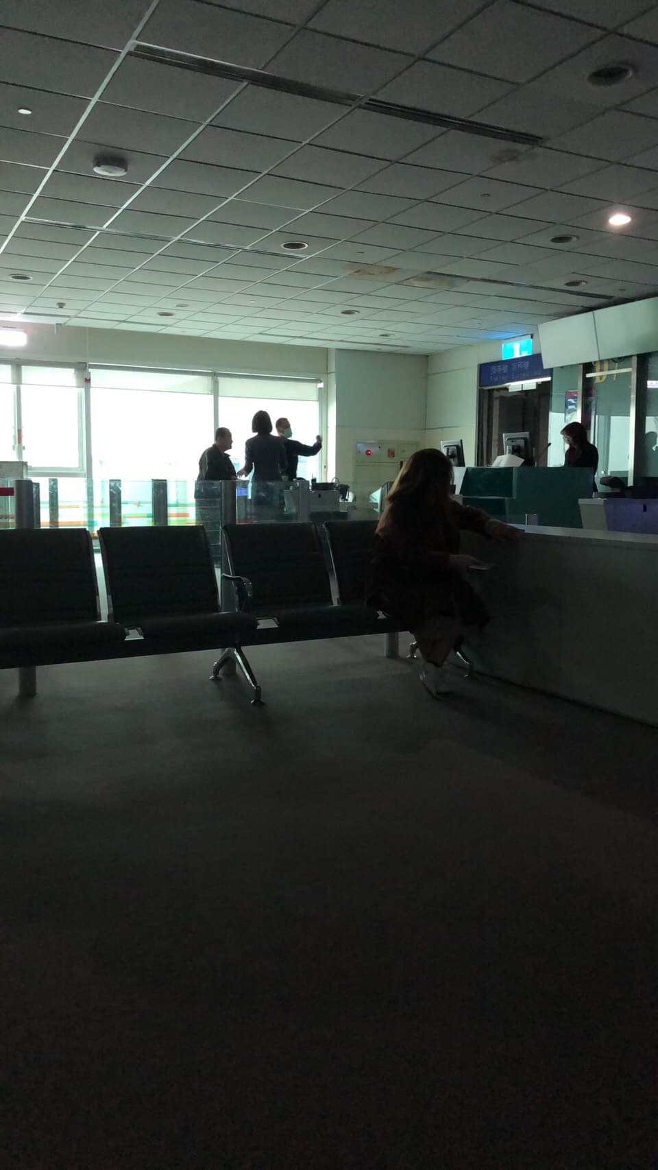 桃機一、二航廈無預警停電，只剩幾盞備用燈亮著。（翻攝自Ptt）