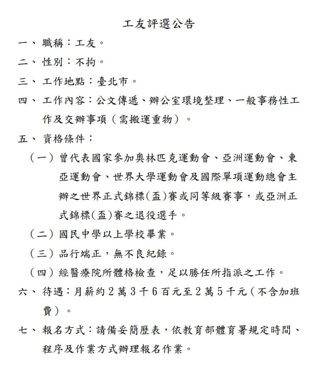 中央銀行開出工友職缺，但資格要求和待遇讓人看傻眼。（中華民國跆拳道協會）