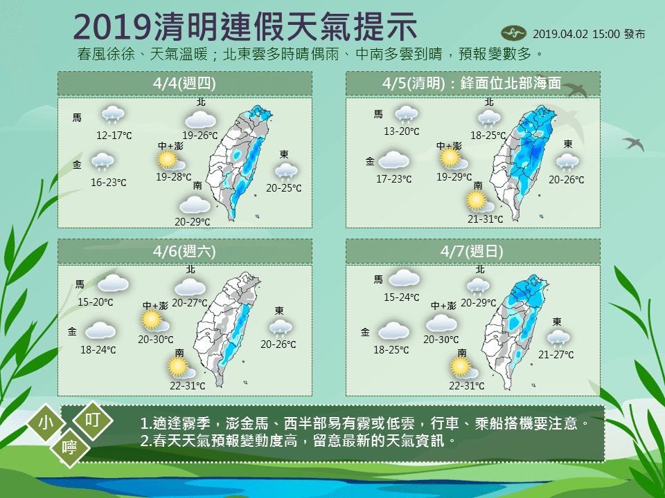 清明4天連假天氣預報。（翻攝自報天氣 - 中央氣象局臉書）