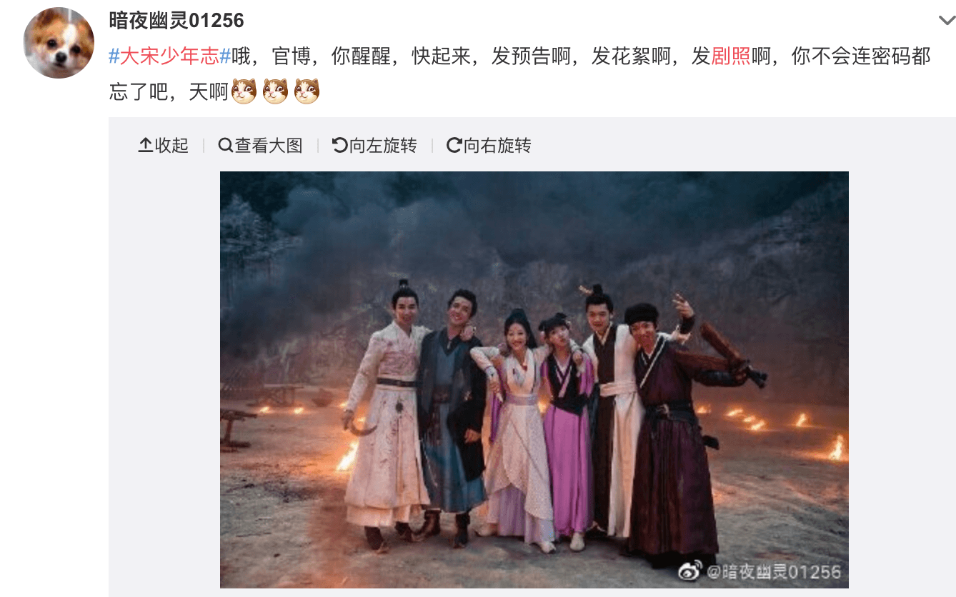 《大宋少年志》臨時上檔，官方最新微博還停在5月4日，被網友吐嘈連劇照都來不及做。（翻攝自微博）