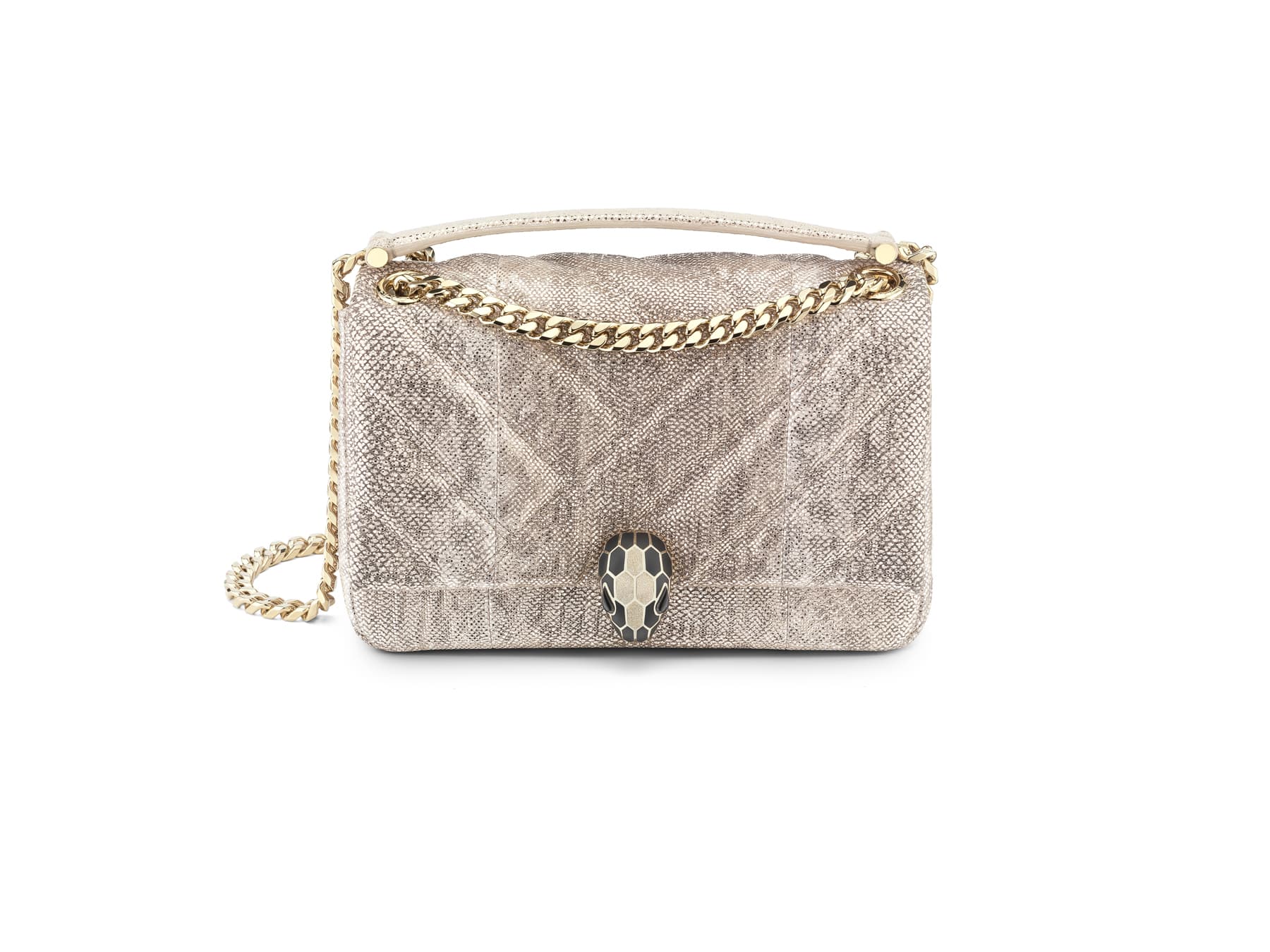 BVLGARI SERPENTI CABOCHON乳蛋白石色金屬水蛇皮肩背包。NT$89,900元（BVLGARI提供）