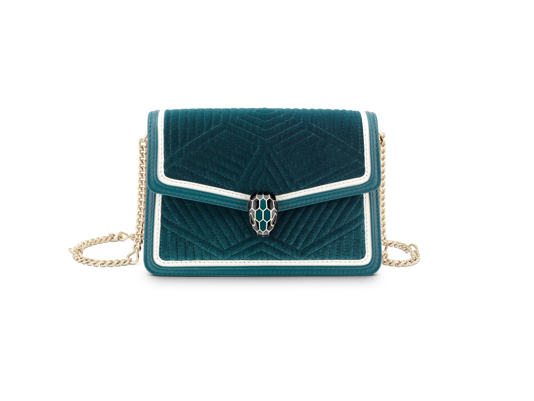 SERPENTI DIAMOND BLAST深色翠玉色迷你小牛皮肩背包。NT$58,500（BVLGARI提供）