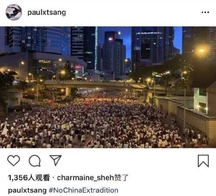 佘詩曼在Instagram上按讚香港反送中照片。（翻攝paulxtsang IG）