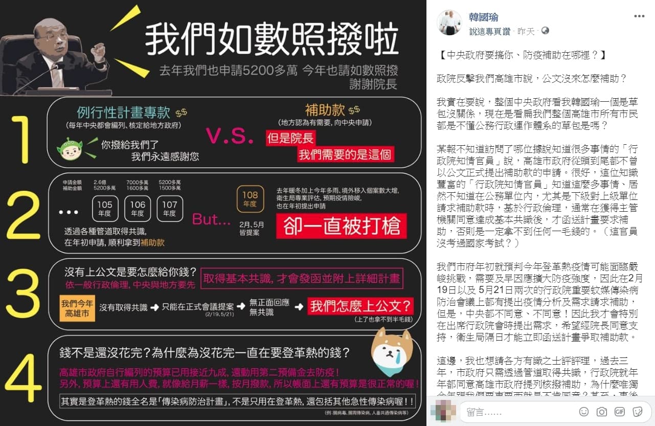 高雄市長韓國瑜於臉書po文痛批中央，將登革熱防疫當成「政治武器」。（翻攝自韓國瑜臉書）