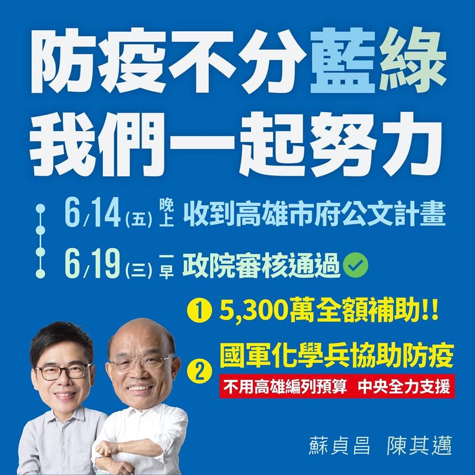 蘇貞昌於臉書po文宣布，行政院已審核通過登革熱補助，強調「高雄市需要的5,300萬經費，#全額補助。」（翻攝自蘇貞昌臉書）