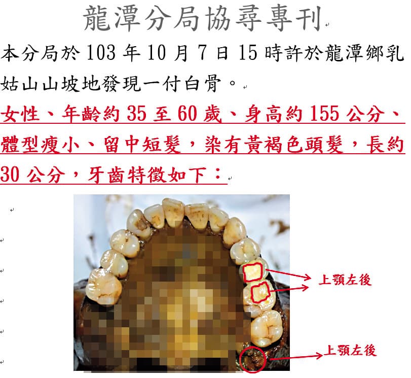 為確認身分，警方當年發布協尋專刊，公布白骨的牙齒特徵，盼能掌握線索。（警方提供）