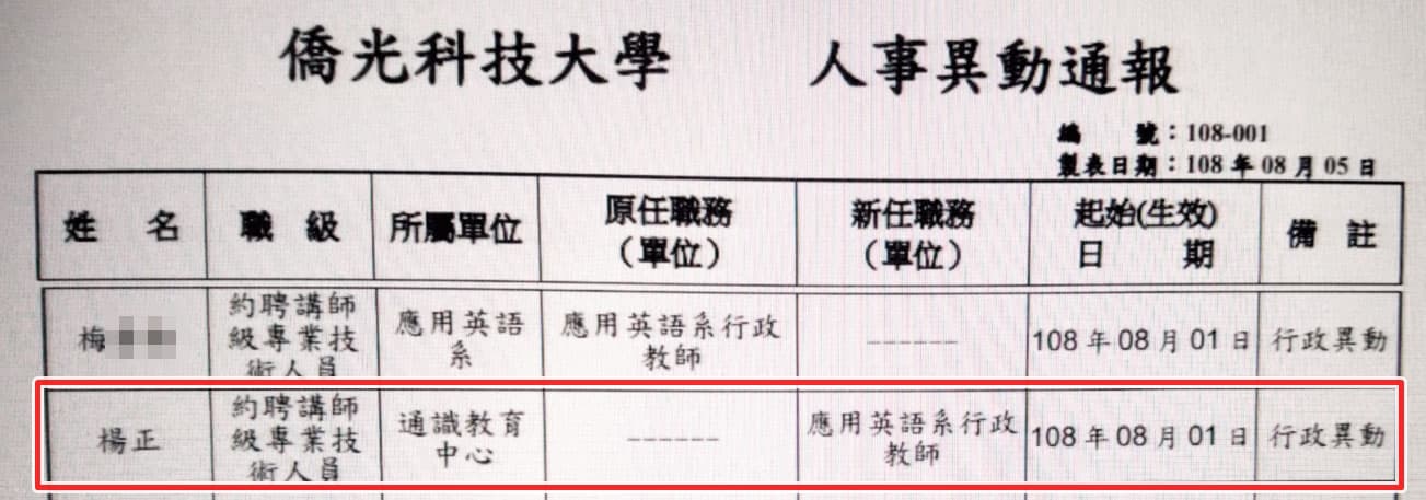 楊正是校長之子，校方8月公告聘他擔任應用英語系行政教師，已涉嫌違反規定。