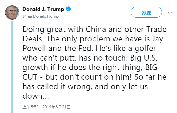 川普昨日推文再度指向聯準會主席鮑爾，稱他是美國經濟發展更好的阻礙。（翻攝川普推特）