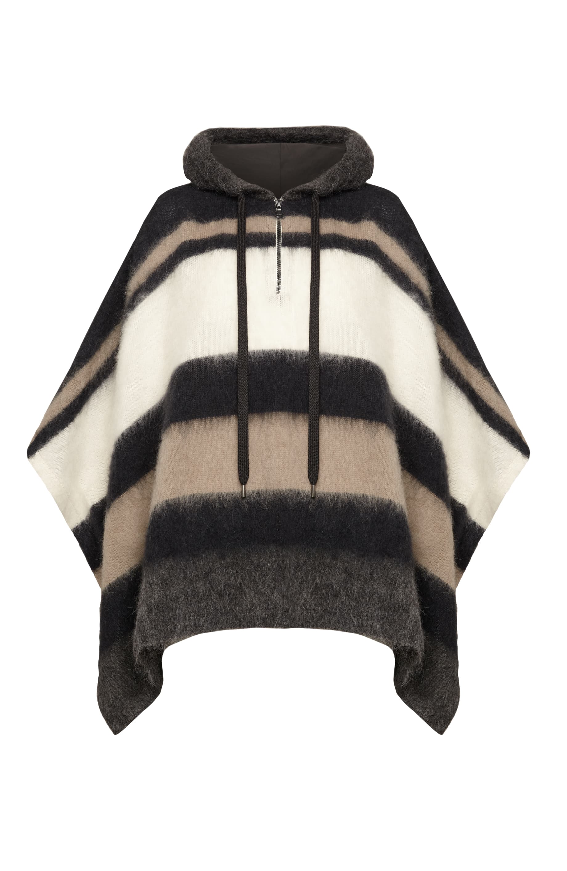 BRUNELLO CUCINELLI女士連帽條紋斗篷羊絨針衣 NT$90,400（BRUNELLO CUCINELLI提供）