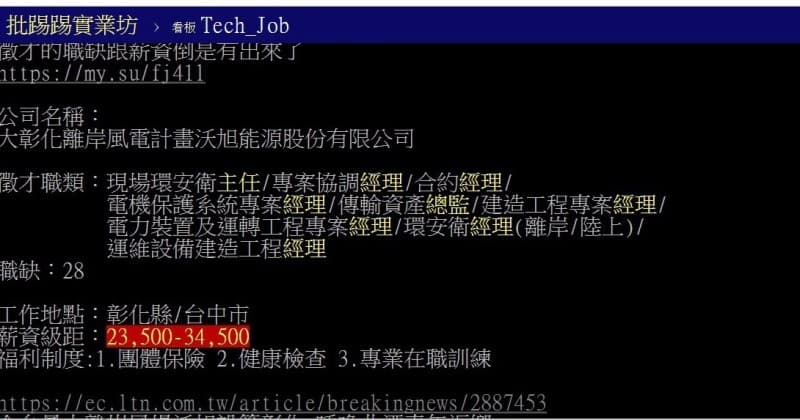 沃旭能源的低薪徵才掀起網友熱議，後被證實是誤植。（翻攝自批踢踢）