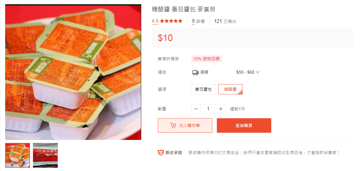 有賣家除了販售一盒10元的糖醋醬外，還以1包3元販售麥當勞免費供應的番茄醬包；目前商品於今日中午下架。（翻攝蝦皮購物網站）
