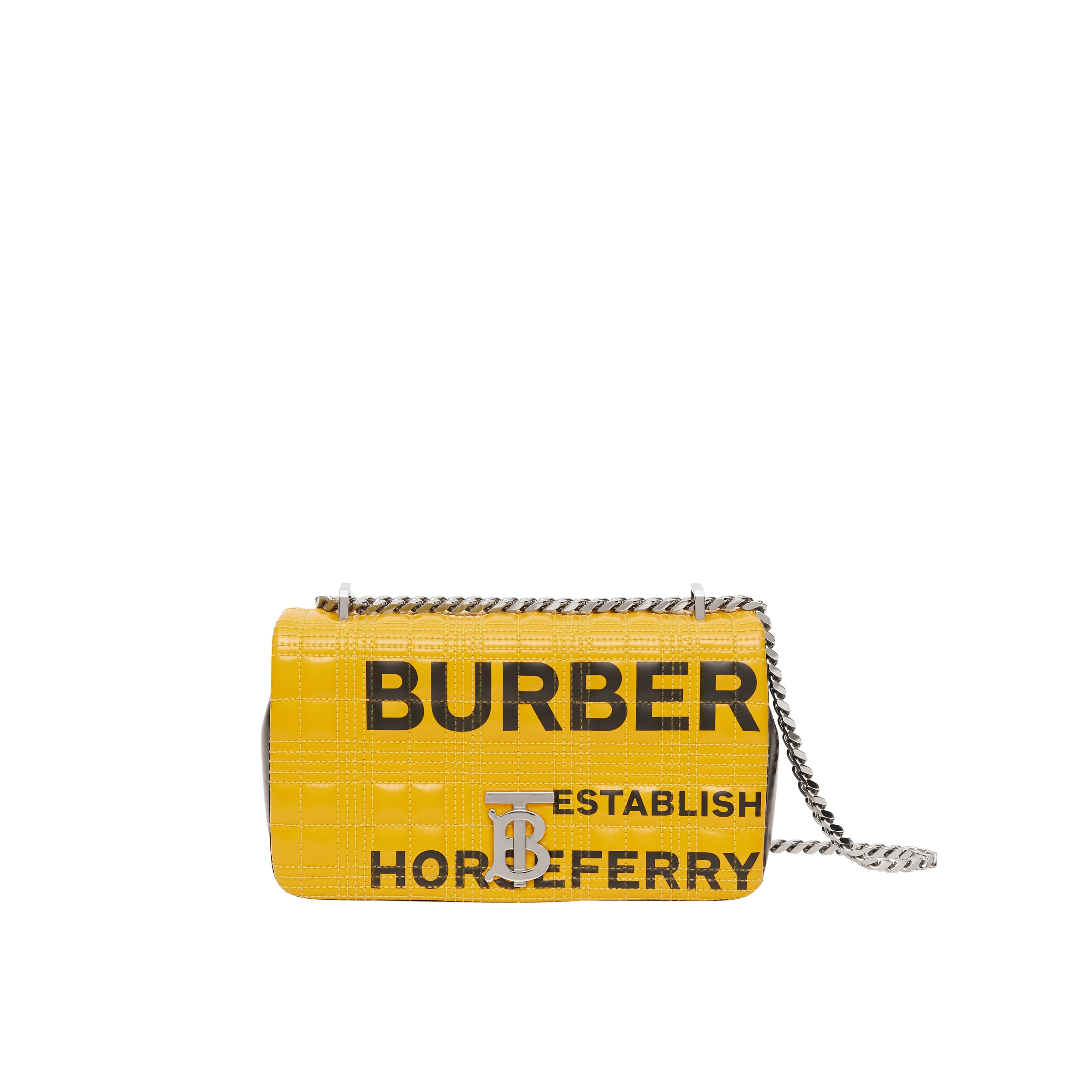 黃色小型Horseferry印花絎縫格紋Lola包。NT$55,000（BURBERRY提供）