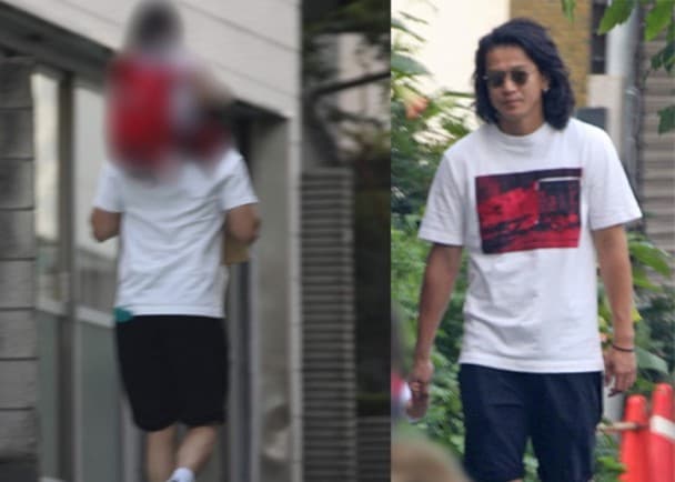 小栗旬去年到幼稚園接小孩下課，將女兒搭在肩頭超帥氣。（翻攝自網路）
