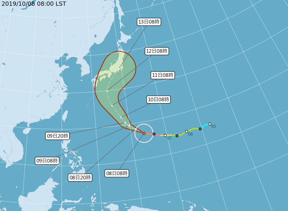 預估哈吉貝颱風未來將朝西北西轉西北往日本南方海面移動，預測對台灣無直接影響。（翻攝自中央氣象局）