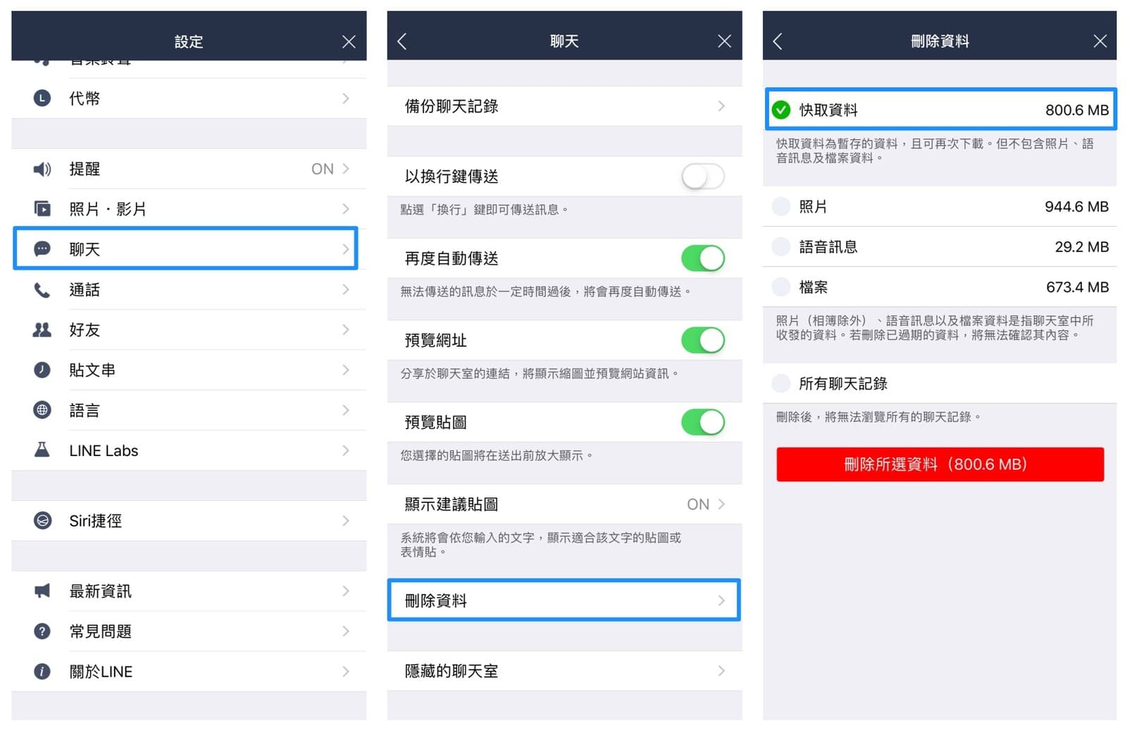 到LINE設定中的「刪除資料」，勾選「快取資料」，就可以一鍵刪除快取、釋出空間。（翻攝自Line台灣官方Blog）