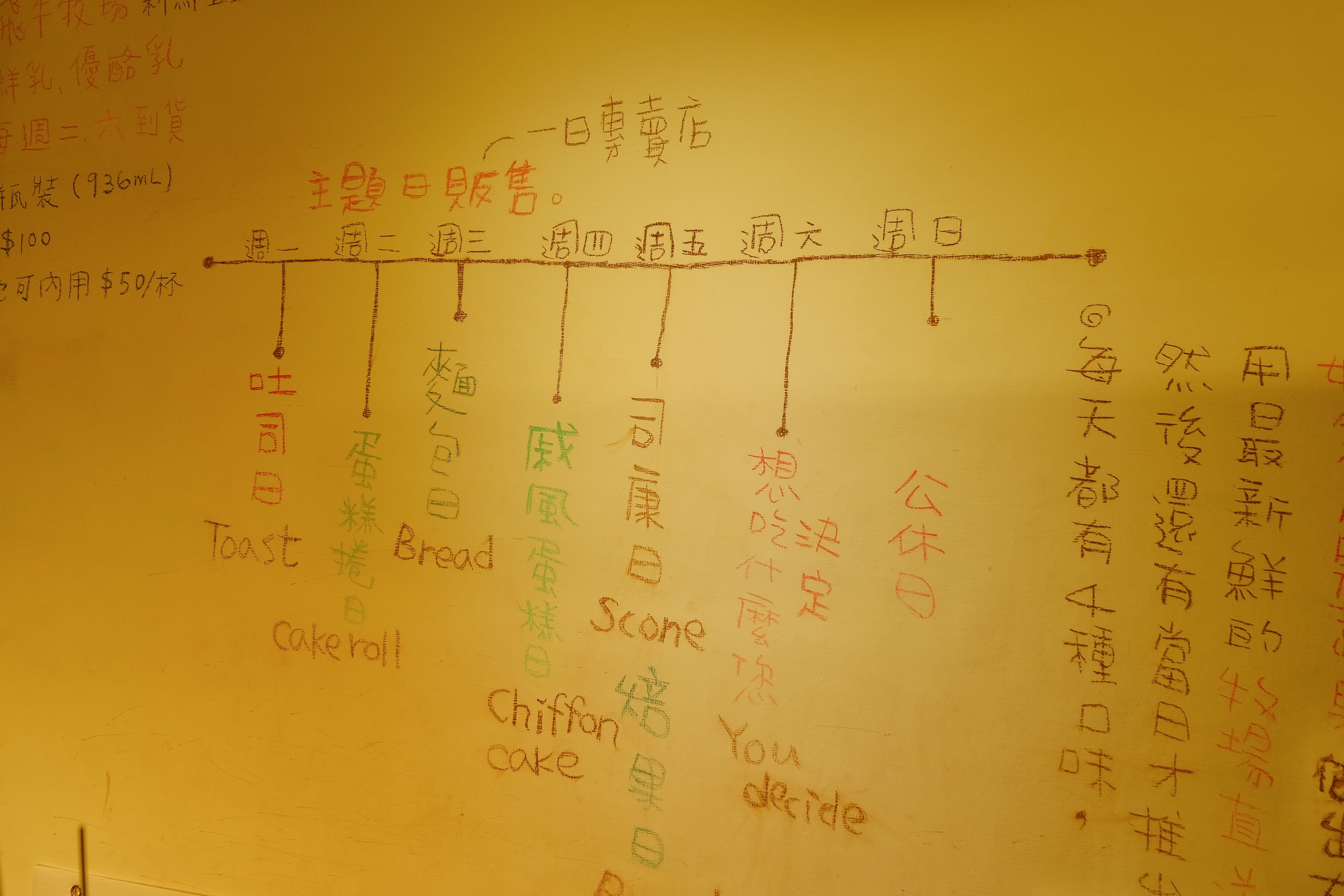 每天都有不同主題日，吐司、蛋糕卷、司康、焙果輪番登場。