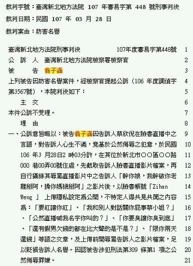 除了賣淫和吸毒外，翁子涵還因飆髒話被告過妨害名譽。（讀者提供）