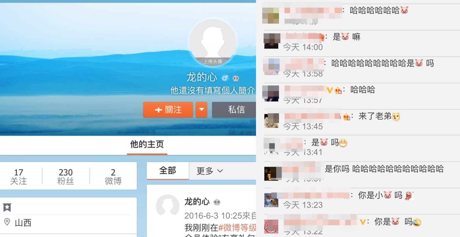 羅志祥自爆分身帳號是「龍的心」，許多粉絲跑到同名微博下留言問：「是你嗎？」（翻攝自龍的心微博）