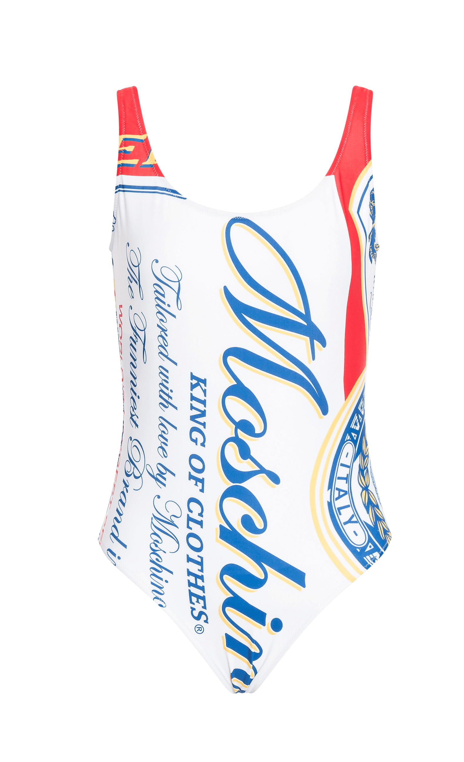 MOSCHINO X BUDWEISER連身泳衣，NT$12,300。（藍鐘提供）