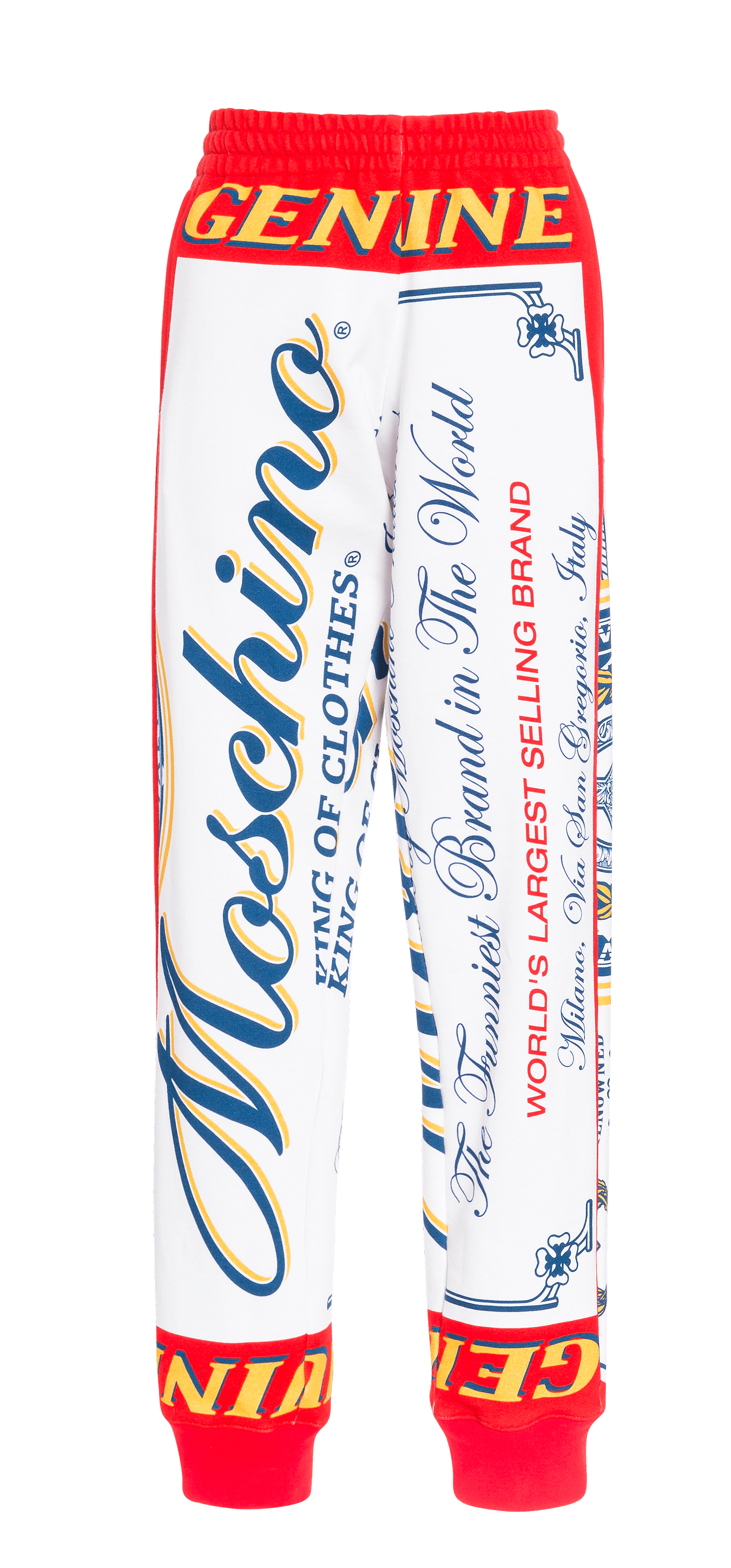 MOSCHINO X BUDWEISER聯名款長褲，NT$23,300。（藍鐘提供） 